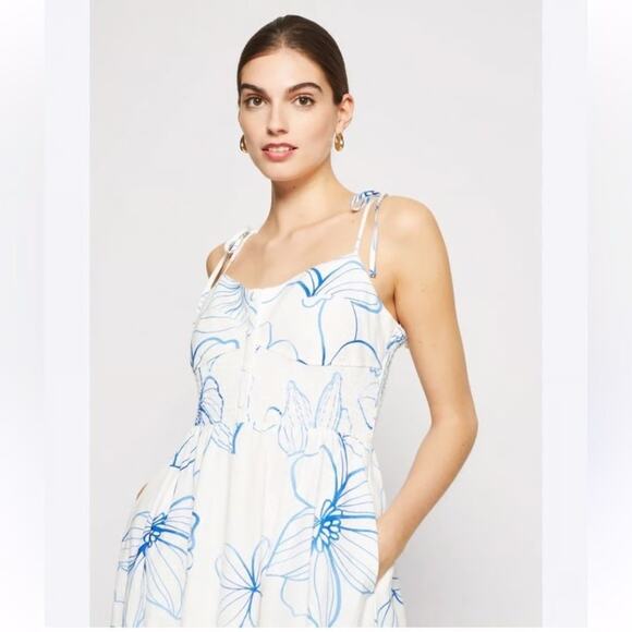 GAP 100% Linen Blue Floral Midi Dress Tie Straps Smocked Back Size XL - Picture 3 of 13